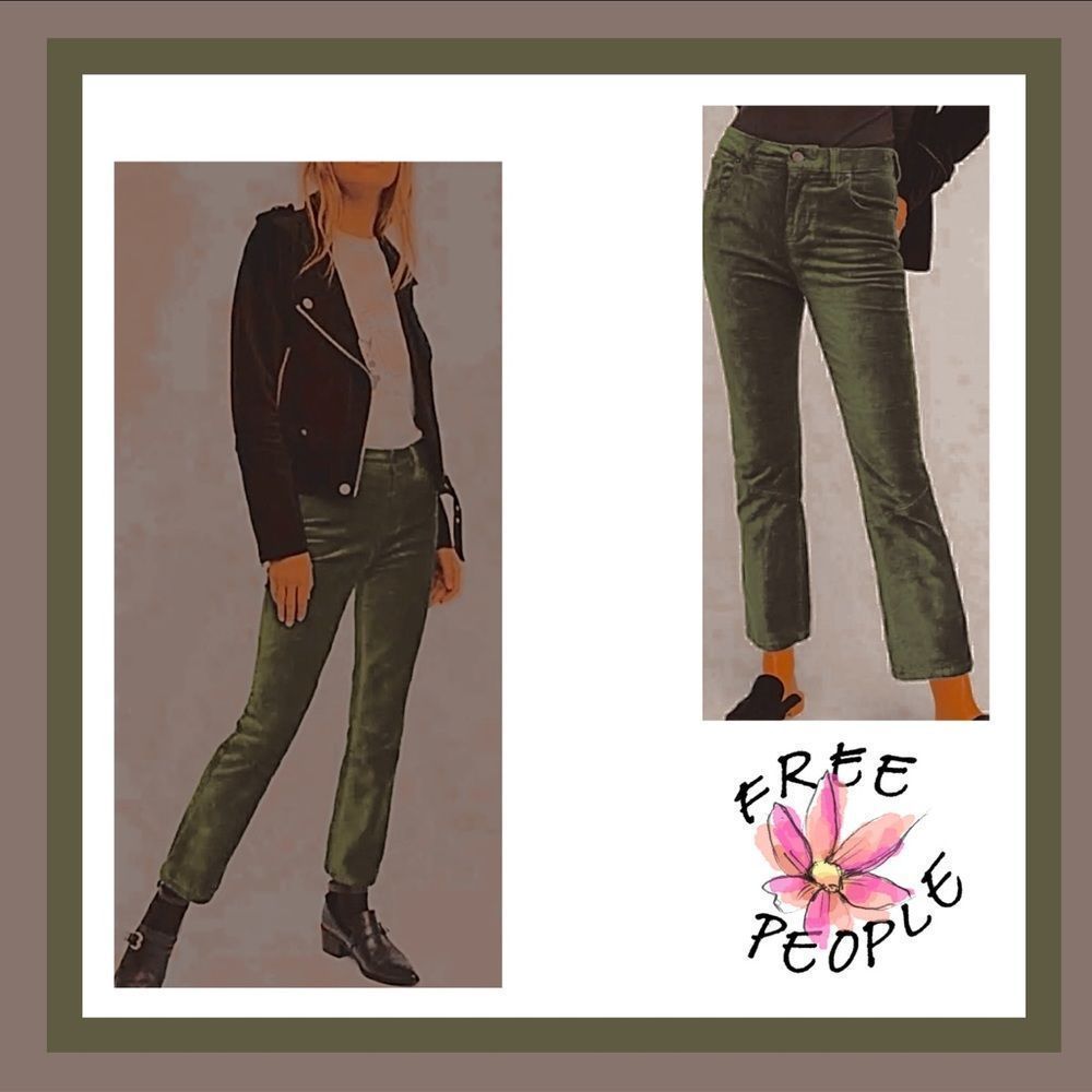 Free People Olive Green Velvet Zip Ankle Pants Sz 25